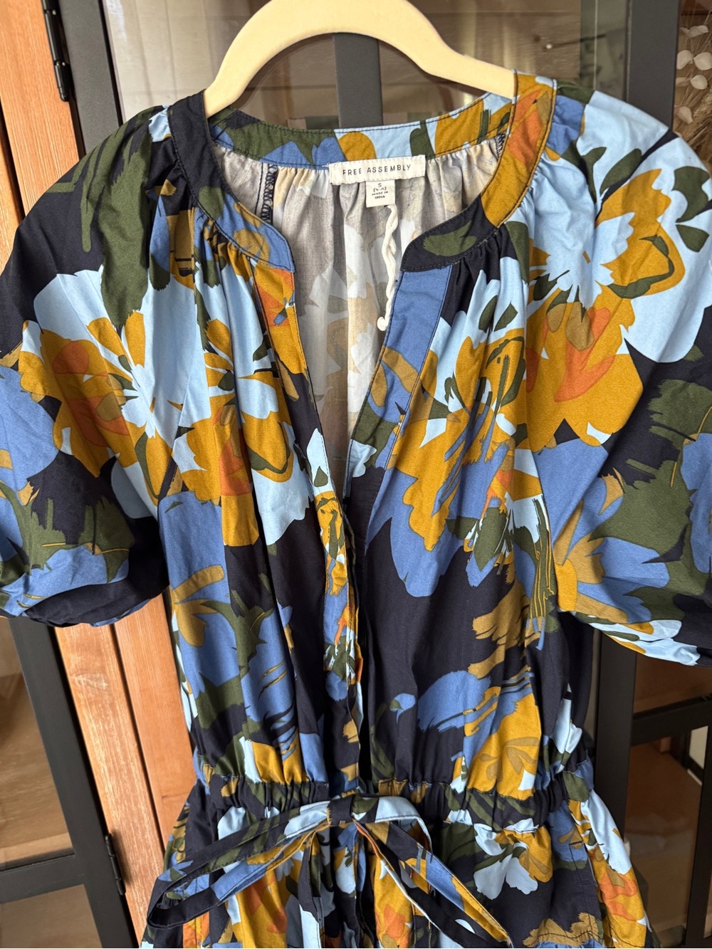 Free Assembly flora midi dress cotton short puff sleeve pockets adjustable tie - Picture 5 of 6